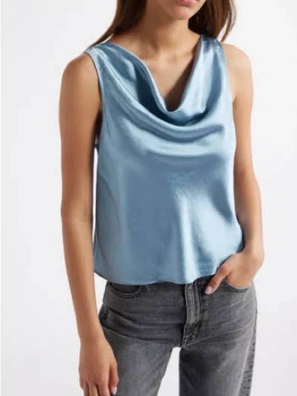 Open Edit Light Blue Satin Cowl Neck Camisole